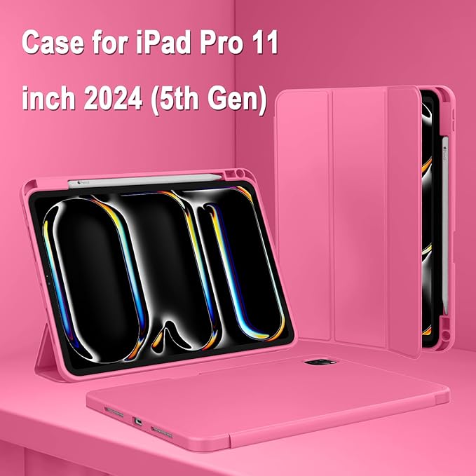 ZryXal iPad Pro 11 Inch Case (M5) 2025/ (M4) 2024 (Model: A2836/A2837/A3006), Trifold Stand Smart Cover with Pencil Holder and Soft TPU Back, Auto Wake/Sleep (New Peach Red)