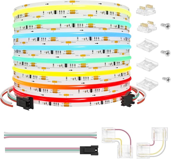 Smart WS2811 IC RGB COB LED Strip 16.4FT/5M, 720LED/m 20IC/M 12mm Width High Density Uniform Chasing Color Light DC24V White PCB Flexible Tape Light(No Adapter or Controller)