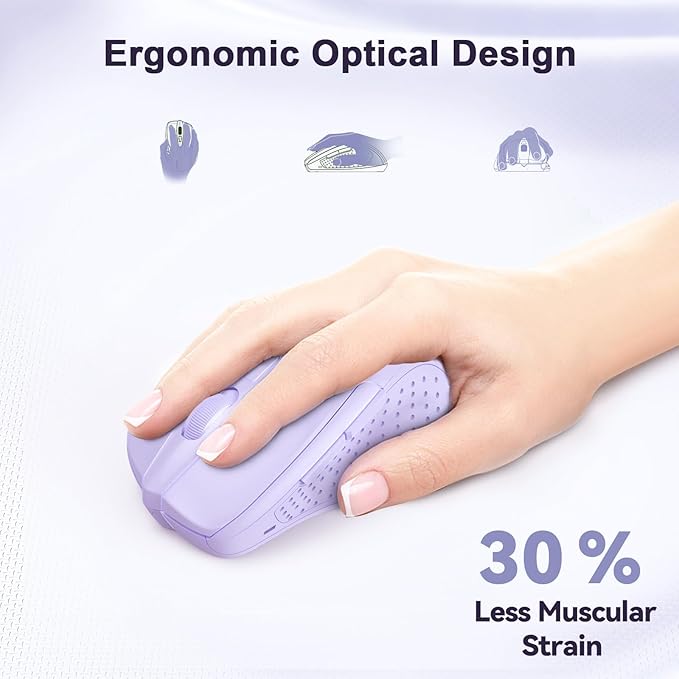 TECKNET Wireless Mouse, 2.4G Ergonomic Optical Mouse, Computer Mouse for Laptop, PC, Computer, Chromebook, Notebook, 6 Buttons, 24 Months Battery Life, 2600 DPI, 5 Adjustment Levels - Lavender