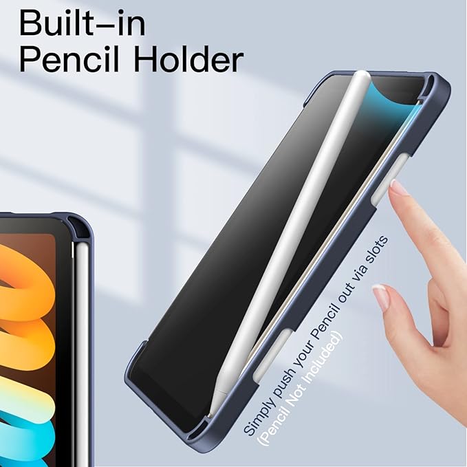 JETech Case for iPad mini (A17 Pro, 2024 Model, 7th Generation) / mini 6 (2021 Model, 6th Generation) with Pencil Holder, Clear Back Shell Slim Stand Tablet Cover, Auto Wake/Sleep (Navy)