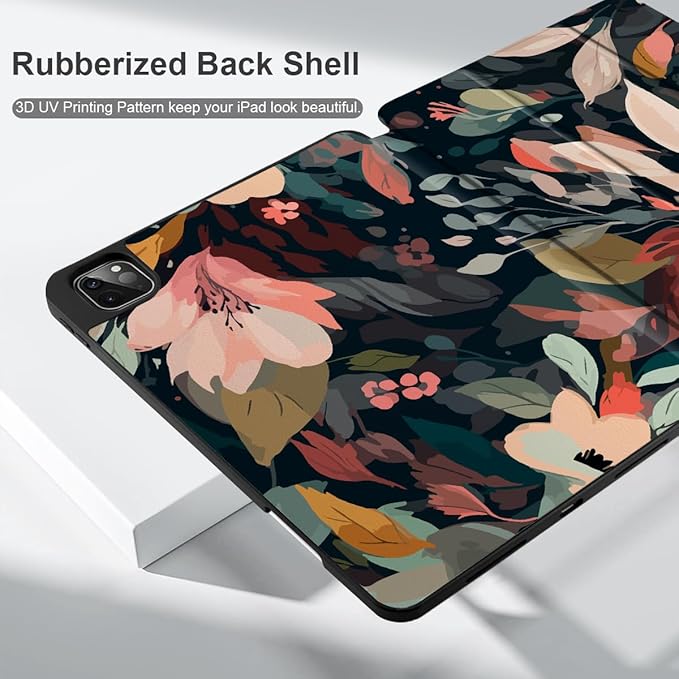 DONGKE Case for 2022/2021/2020/2018 iPad Pro 11 inch Gen 4/3/2/1 - Slim Protective Case - Built in Pencil Holder Support Charging - Trifold Stand & Sleep/Wake Cover - Painted Florals
