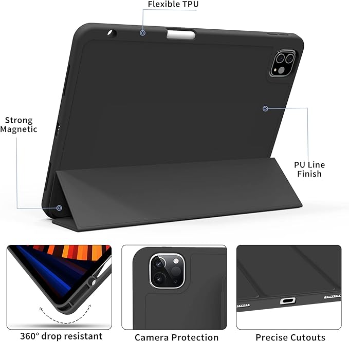 kenke Case for iPad Pro 11 Inch 4th/3rd/2nd Generation (2022/2021/2020) with Pencil Holder, Slim Trifold Smart Cover with Soft TPU Back, Support 2nd Gen Pencil Charging, Auto Sleep/Wake, Black