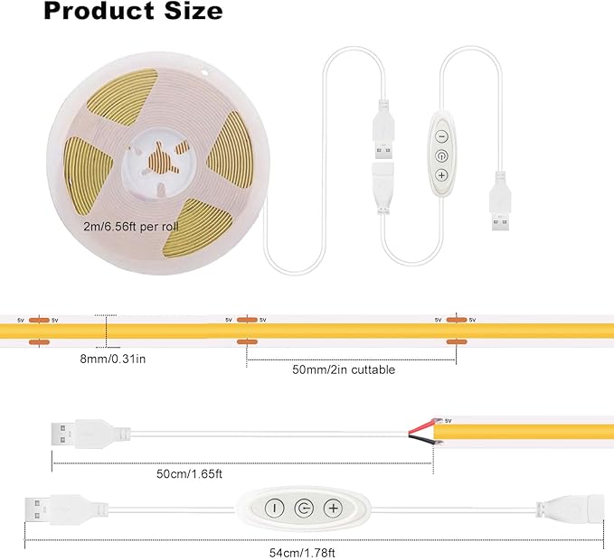 USB Light Strip Warm White 3000K CRI 92+ Small Dimmable COB LED Strip Light Cuttable 5V USB Powered 6 ft 10W for TV Backlight Cabinet Bedroom Indoor DIY Lighting Project