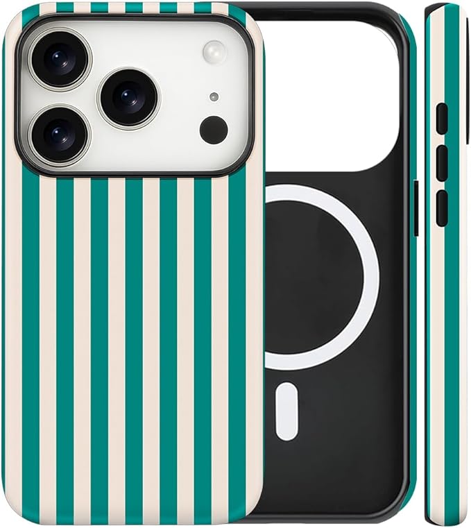 Magnetic for iPhone 17 Pro Max Case Cute Stripes Phone Case, Shockproof Slim TPU and Hard PC Protective Phone Cover Compatible with MagSafe Designed for Women Girls, Emerald Green