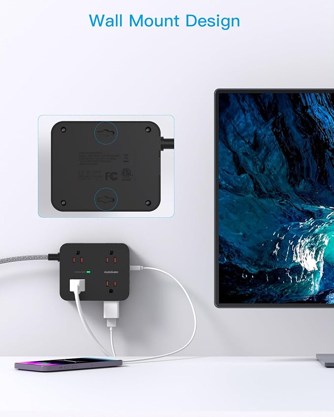 Long Extension Cord 15 ft, HANYCONY Surge Protector Power Strip 15 Feet with 4 Outlets 4 USB Ports (2 USB C), 3 Prong Desk Charging Station, Wall Mount for Indoor Essentials