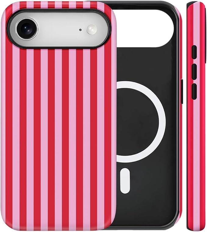 Magnetic for iPhone 17 Air Case Cute Stripes Phone Case, Shockproof Slim TPU and Hard PC Protective Phone Cover Compatible with MagSafe Designed for Women Girls, Pink and White