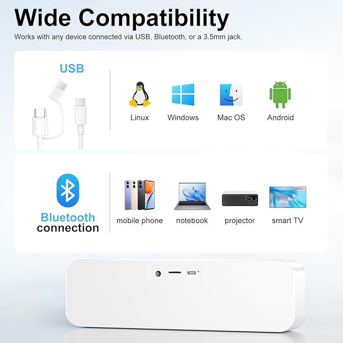 Computer Speaker for Desktop,Rechargeable PC Speaker,Small Computer Soundbar with Stereo & Bass,3.5mm Aux-in,Bluetooth,TF Port,Loud Volume for Web Conferences,Teacher,Music (White)