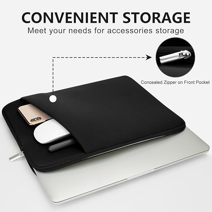 Laptop Sleeve Case with Zipper Accessory Pocket Compatible with 15.6 inches HP Dell Lenovo Asus Acer Padded Computer Pouch Cover Shockproof Protective for 15.6” Laptop/Chromebook/Tablet,Black