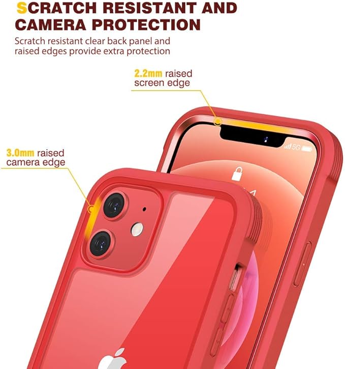 Diaclara Designed for iPhone 12/12 Pro Case, Full Body Rugged with Built-in Touch Sensitive Anti-Scratch Screen Protector, Soft TPU Bumper Case for iPhone 12/12 Pro 6.1" (Red and Clear)