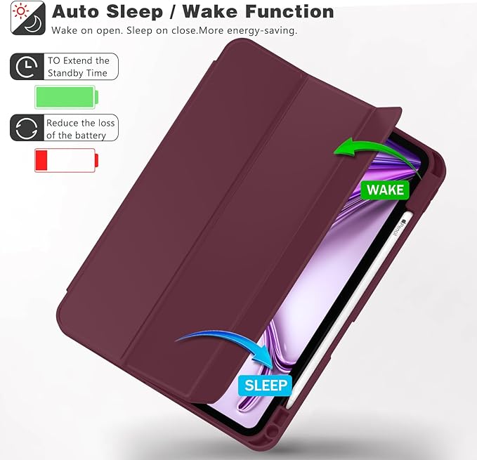 ZryXal New iPad Air 13 Inch Case M3 2025/M2 2024 with Pencil Holder, Trifold Stand Smart Case with Soft TPU Back,Auto Wake/Sleep(Wine)