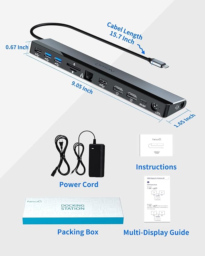 USB C Docking Station Dual Monitor with Power Adapter: NewQ 12-in-1 Thunderbolt 3 | 4 Dock, Dual 4K HDMI, 4 USB, Audio, Ethernet, SD/TF Slot, 18W PD Out, for Mac, HP, Dell, Lenovo, Surface, Asus, Acer