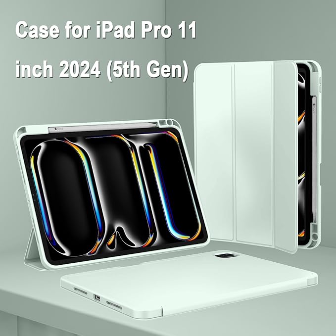 ZryXal iPad Pro 11 Inch Case (M5) 2025/ (M4) 2024 (Model: A2836/A2837/A3006), Trifold Stand Smart Cover with Pencil Holder and Soft TPU Back, Auto Wake/Sleep (Pale Green)
