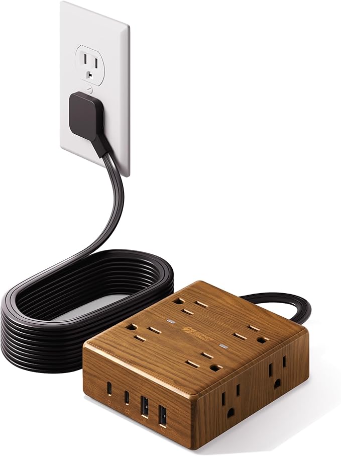 Brown Extension Cord 10Ft, Flat Plug Power Strip Surge Protector, 8 Outlets & 4 USB Ports (2 USB C), Desktop Charging Station Hidden Behind Furniture, Decorative Office Desk Accessories (Walnut Wood)