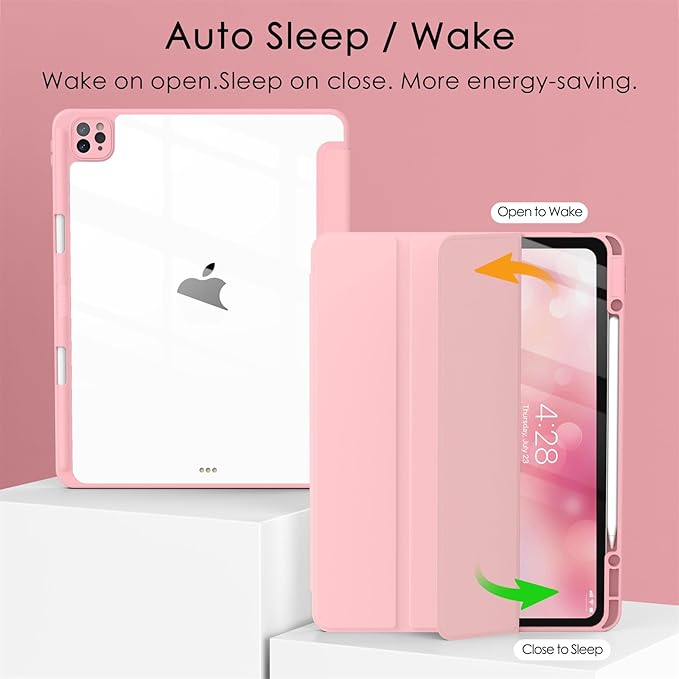 Soke Case for iPad Pro 12.9 Inch (6th/5th/4th/3rd Generation, 2022/2021/2020/2018) - Pencil Holder + Auto Sleep/Wake + Camera Protection, Transparent Shockproof Back Cover, Pink