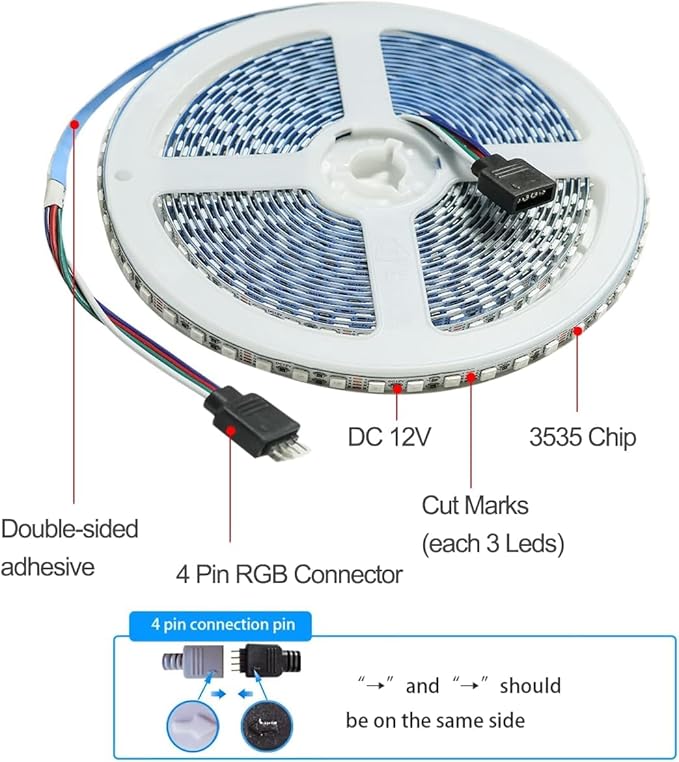 12V RGB LED Strip Lights, 5mm Wide Ultra Narrow 16.4ft Light Strips SMD 3535 IP20 Total 600 LEDs Colour Changing Light Strips for Bedroom, Kitchen, Advertising Decoration