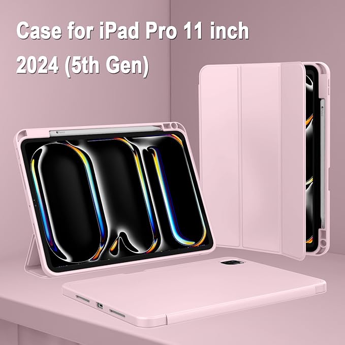 ZryXal iPad Pro 11 Inch Case (M5) 2025/ (M4) 2024 (Model: A2836/A2837/A3006), Trifold Stand Smart Cover with Pencil Holder and Soft TPU Back, Auto Wake/Sleep (Pink)