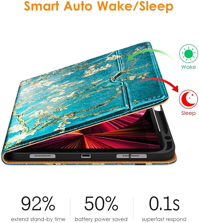DTTO Case for iPad Pro 11 Inch 4th / 3rd / 2nd / 1st Generation 2022/2021/2020/2018,Premium PU Leather Folio Stand Cover with Hand Strap, Auto Wake/Sleep,Multiple Viewing Angles, Blossom