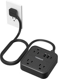 TESSAN Ultra Thin Flat Extension Cord 5 FT, Slim Power Strip with USB Ports (1 USB C), Surge Protector Flat Plug Wall Charger with 3 Outlets for Office, School, Dorm Room Essentials, Black