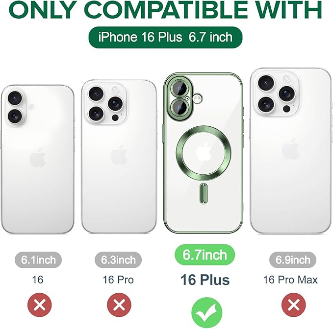 Hython Magnetic Clear for iPhone 16 Plus Case with Camera Lens Protector [Compatible with MagSafe] Luxury Plating Edge Slim Soft TPU Cover Protective Phone Case for iPhone 16 Plus 6.7", Deep Green