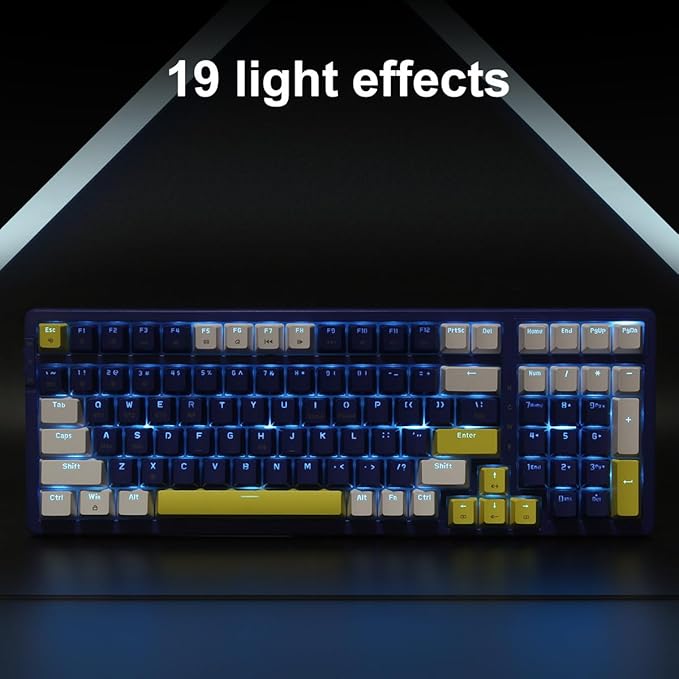Merdia Wireless Mechanical Keyboard, Triple Mode 2.4G/USB-C/BT Gaming Keyboards 100 Keys Ice-Blue Backlit, Brown Switch Keyboard | Rechargeable Mechanical Gaming Keyboards | Blue/White/Yellow