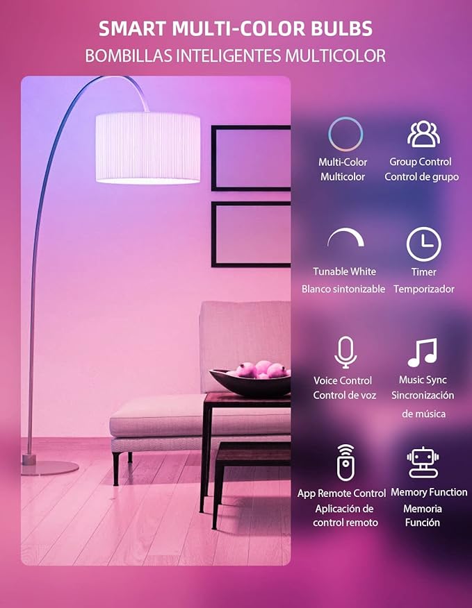 Smart Light Bulbs, 2700K-6500K Dimmable & Color Changing A19 LED Bulb, Works with Alexa Siri Google Home, 2.4GHz WiFi, RGBCW Light Bulb with App Voice Control, Timer & Group Control, 2 Pack