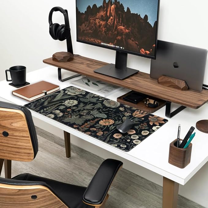 Aesthetic Vintage Dark Flower Plants Wildflowers Large Gaming Mousepad XXL Keyboard Mouse Mat Full Desktop Mat Women Desk Cover Mat for Work Office Home 31.5x15.8 in