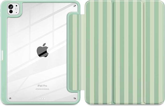 Case for iPad Pro 11 Inch (M5 2025 M4 2024) – [Built-in Pencil Holder], Shockproof & Stylish, Clear Hard Back + Soft TPU Edge, Magnetic Trifold Stand, Auto Wake/Sleep, Green Striped