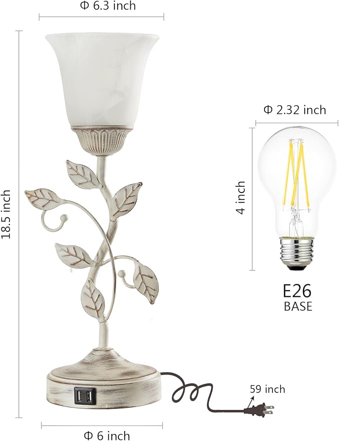 Set of 2 Rustic Touch Table Lamps for Bedroom, 3-Way Dimmable Nightstand Flower Lamp with 2 USB Ports, Retro White Glass Shade Leaf Lamp for Living Room Entryway, 2 LED Bulb Included