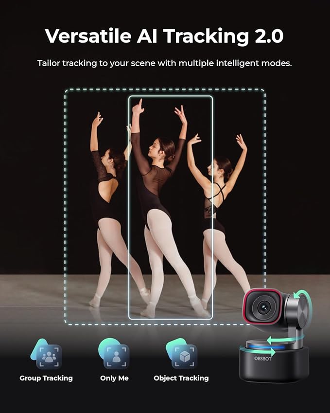 OBSBOT Tiny 3 AI-Powered Spatial Audio 4K Webcam, AI Tracking PTZ Camera with 1/1.28" Sensor, Tri-Mic, Voice & Gesture Control, 120FPS, HDR, Web Cam for PC, Laptop, Streaming, Meeting, Switch 2, etc.