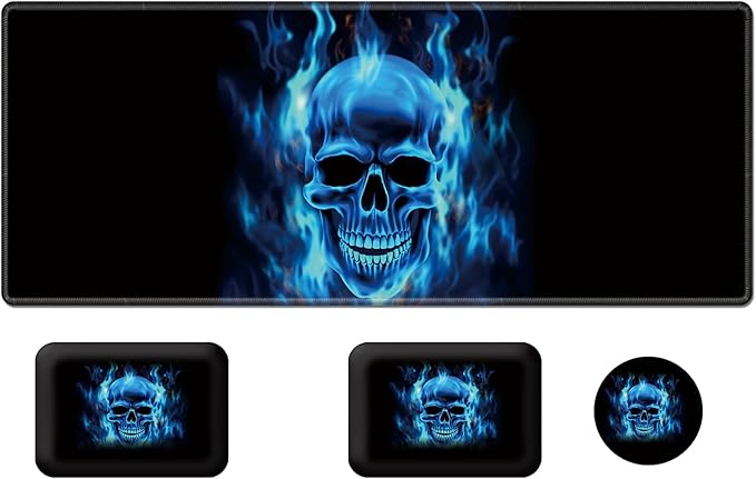 Wrist Elbow Support Arm Rest Desk Mouse Pad Set,Large Mouse Pad + 2 Elbow Rest Pad + Coaster,(31.5×11.8 in) Ergonomic Memory Foam for Office,Gaming,Computer,Laptop-Blue Flame Skull