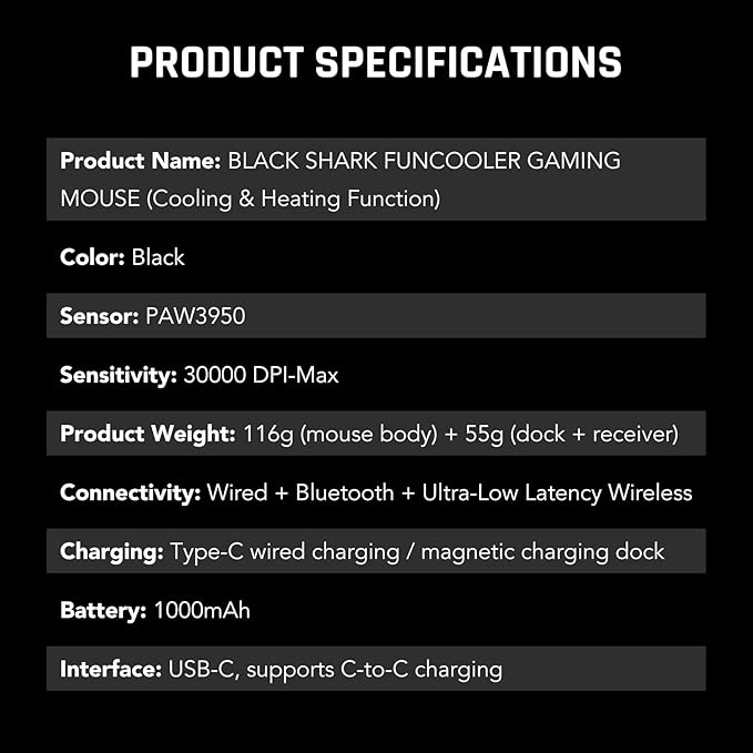 Black Shark Funcooler Wireless Gaming Mouse, Active Cooling & Heating, Dual 8KHz Polling Rate, 30K DPI Optical Sensor, Tri-Mode Wireless, Charging Dock, Ergonomic Right-Hand for PC/Mac