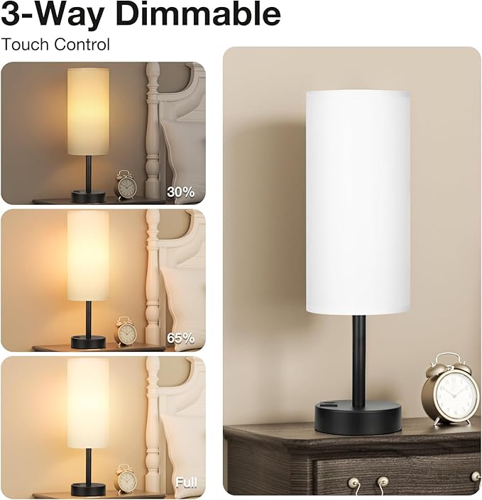 Dicoool Bedside Touch Table Lamps for Bedroom Nightstand with USB-C USB-A Charging Ports White, 3 Way Dimmable Small Lamp Fabric Shade Black Base for Office, Living Room, Dorm Room Reading