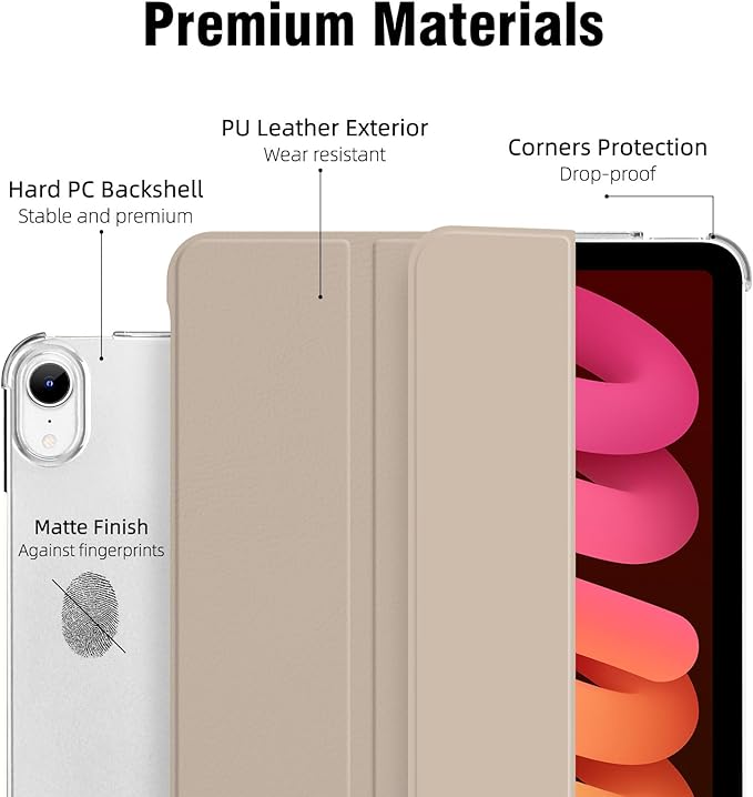 Case for iPad mini 7 (A17 Pro), Slim Smart Trifold Stand for iPad mini 7th/6th Generation 8.3 Inch 2024/2021, Hard PC Translucent Frosted Back Shell Case with Auto Wake/Sleep, Oat Coffee