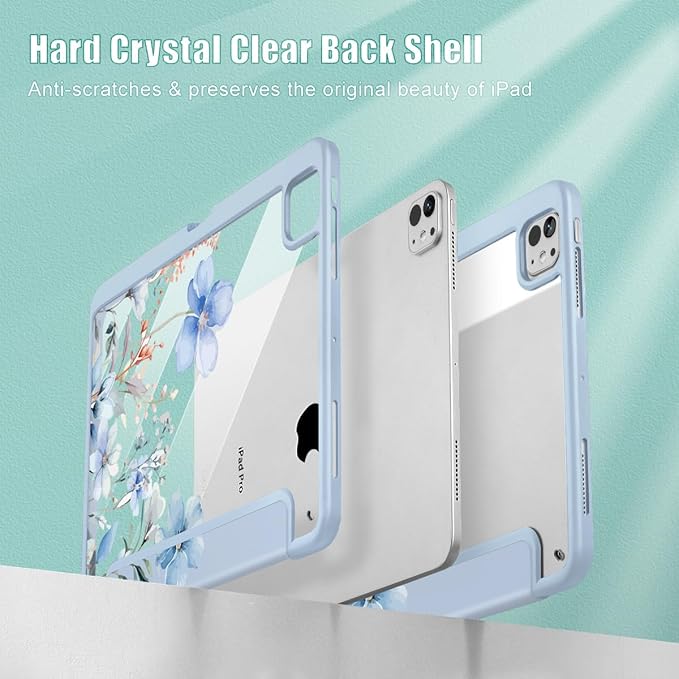 May Chen for iPad Pro 13 Inch Case M5 2025 / M4 2024, Built Pencil Holder & Clear Transparent Print Back Shell Slim Stand Shockproof Tablet Cover, Auto Wake/Sleep, Blue Flowers
