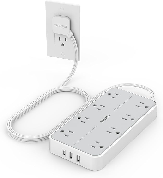 TESSAN Power Strip Surge Protector, Flat Plug Extension Cord with 8 Outlets 3 USB Charger(1 USB C), 1080 Joules Protection, Wall Mountable Charging Station for Home Office School Dorm Room Essentials