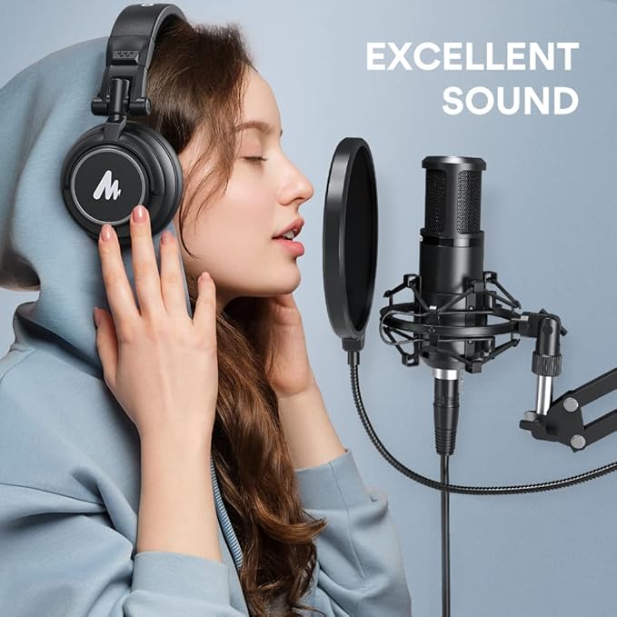 MAONO XLR Condenser Microphone, Professional Cardioid Studio Mic with Boom Arm, Pop Filter, Compatible with Audio Interface and Mixer for Streaming, Podcasting, Vocal Recording, Music, PM320S
