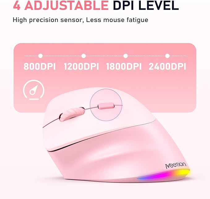 MEETION Left-Handed Mouse, Ergonomic Mouse Wireless Vertical Mouse, RGB Rechargeable Mice for Bluetooth(5.2 + 3.0) & USB-A with Type-c Adapter 4 Adjustable DPI for Mac/Windows/PC/Tablet/iPad Pink