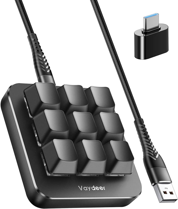 Vaydeer One-Handed Mechanical Keyboard Support NKRO, Hotkeys, One-Click Start,9 Fully Programmable Keys with Floating Window and Macro Multifunctional Keypad for iOS,Windows, Gift Idea for Him/Her