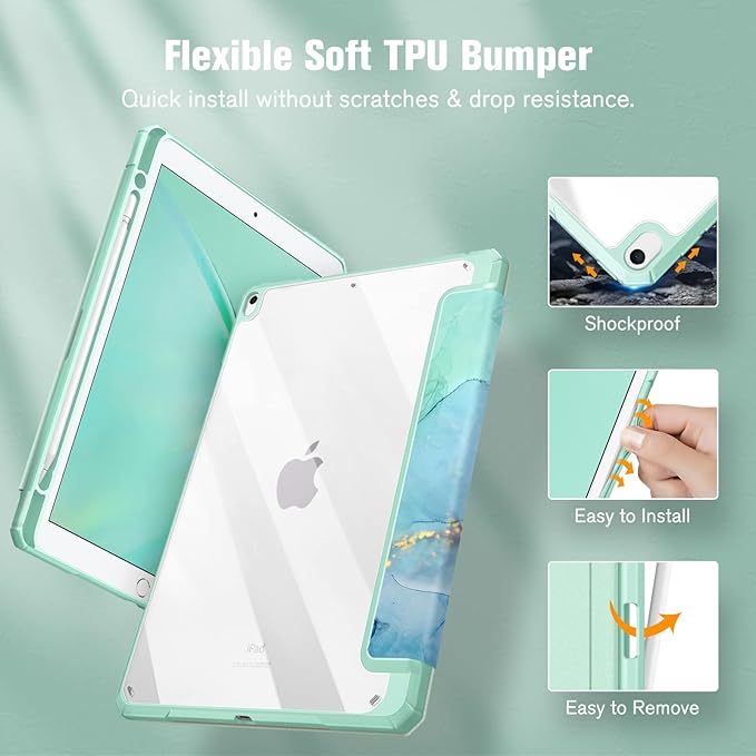 Fintie Hybrid Slim Case for iPad Air 3rd Generation 10.5" 2019 / iPad Pro 10.5 Inch 2017 - [Built-in Pencil Holder] Shockproof Cover with Clear Transparent Back Shell (Emerald Marble)