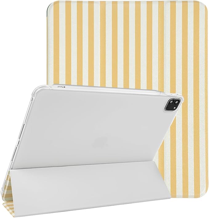 Lovmooful Compatible for iPad Pro 12.9-Inch 2022/2021/2020/2018 (6th/5th/4th/3rd Generation) Case with Pencil Holder Cute Striped with Aesthetic Design Soft TPU Trifold Stand Protective-Yellow