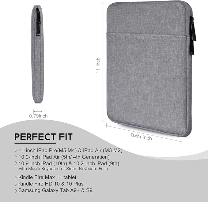 9-11 inch iPad Carrying Case, Padded Travel Tablet Sleeve Bag for 11 inch iPad Pro M5(2025) M4(2024), Air M2 M3(2025) M4(2026), A16, 10.9 10.2 10.5-in, Fit Apple Magic Keyboard Sleeve -Gray