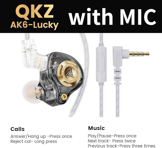 Qkz Ak6 Lucky in Ear Monitor, HiFi Wired Earbuds, Tunable Sound Wired Headphones Gaming Earbuds with 3-Level Adjusting Switch, Detachable Cable for Music Gaming Video Calling (Black)