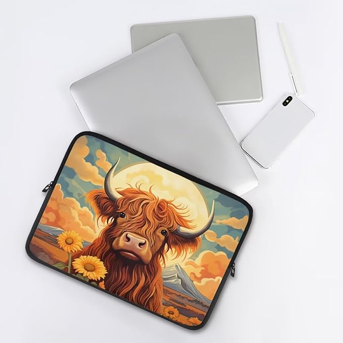 Highland Cattle Computer Sleeve for Women Men Laptop Sleeve 13 inch Neoprene Laptop Covers with Padded Compartment Lap Top Case Sunflower Computer Carrying Bag Brown