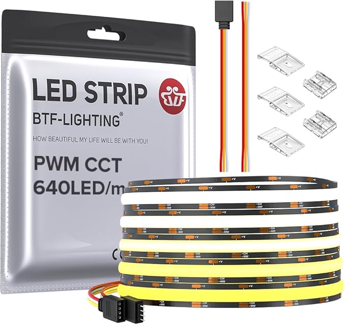 BTF-LIGHTING FCOB CCT COB LED Strip Tunable 2700K-6500K DC12V 16.4FT 640LED/m CRI 90+ Flexible High Density Dimmable LED Light Black PCB for Bedroom Indoor Decor(No Adapter or Controller)