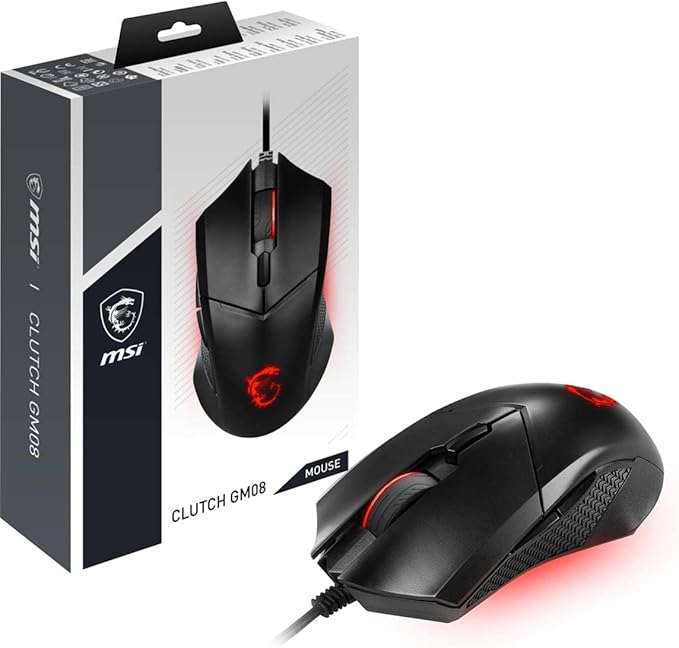 MSI Clutch GM08 Gaming Mouse, 4200 DPI, Optical Sensor, 3 Adjustable Weights, Red LED Lighting, Symmetrical Design, Black (Pack of 4)