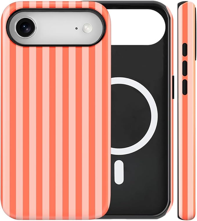 Magnetic for iPhone 17 Air Case Cute Stripes Phone Case, Shockproof Slim TPU and Hard PC Protective Phone Cover Compatible with MagSafe Designed for Women Girls, Deep Orange