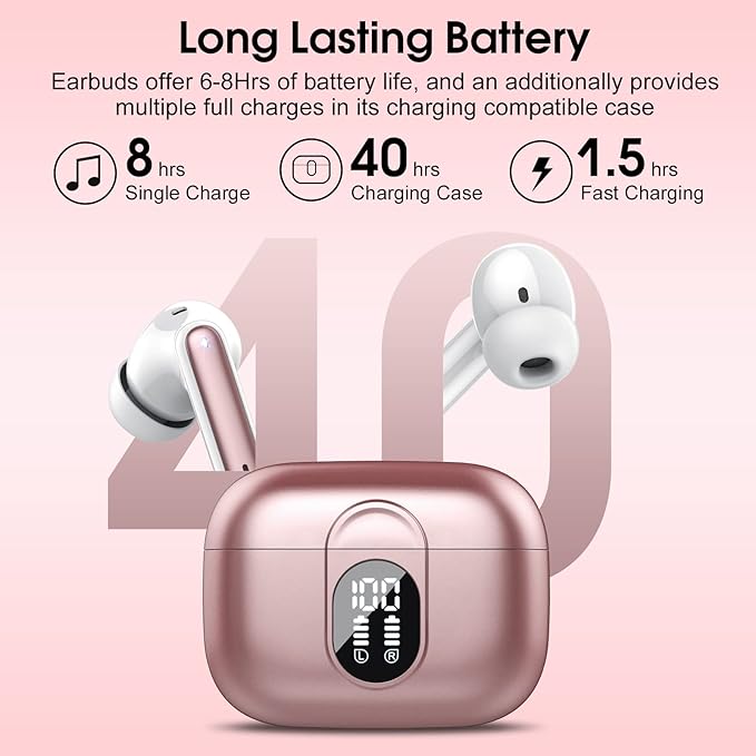 Csasan Wireless Earbuds, 2024 Bluetooth Headphones 5.3 HiFi Stereo Earphones, 40H Playtime in-Ear Earbud, Bluetooth Earbud with Dual Mic Call, IP7 Waterproof Earphones Sport Headset for iOS