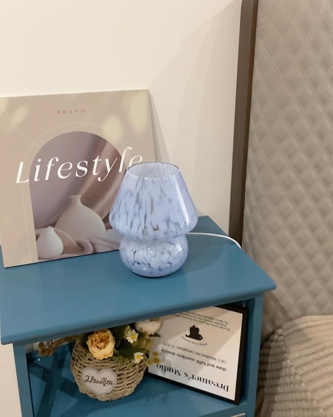 ONEWISH Mushroom Lamp Small Bedside Table Lamp-Nightstand Nightlight Dimmable Stepless, Translucent Glass Desk Lamp for Bedroom Dorm Living Kitchen, Murano Style Aesthetic Cute Home Decor(Blue)