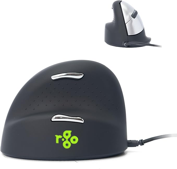 R-Go HE Vertical Ergonomic Mouse, for Left Handed, with Break Software, USB-C/A Wired, Prevents Tennis Elbow/Mouse Arm RSI, Silent Click, 5 Buttons - Compatible Windows/Mac OS, Black/Silver