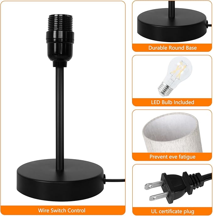 RISLG 2 Pack Small Table Lamps for Bedroom, Bedside Lamps for Nightstand with Wire Switch, Minimalist Modern Desk Lamps with Linen Fabric Shade for Kids Room Living Room Office Dorm, Bulb Included